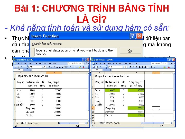 Bài 1: CHƯƠNG TRÌNH BẢNG TÍNH LÀ GÌ? - Khả năng tính toán và