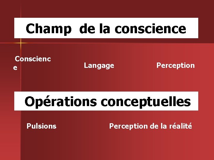 Champ de la conscience Conscienc e Langage Perception Opérations conceptuelles Pulsions Perception de la