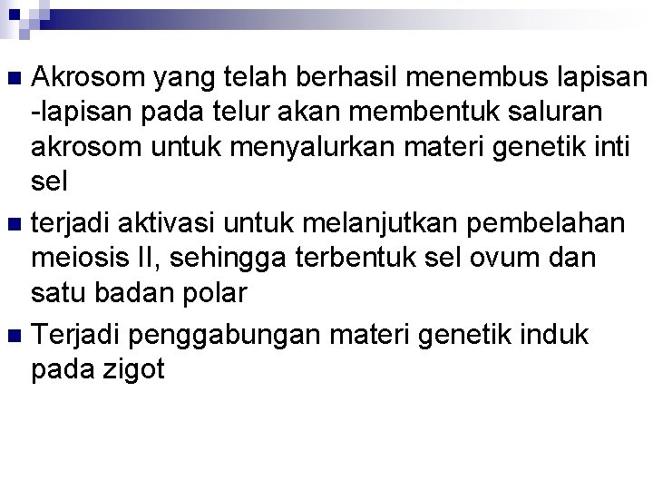 Akrosom yang telah berhasil menembus lapisan -lapisan pada telur akan membentuk saluran akrosom untuk