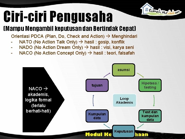 Ciri-ciri Pengusaha (Mampu Mengambil keputusan dan Bertindak Cepat) Orientasi PDCA (Plan, Do, Check and