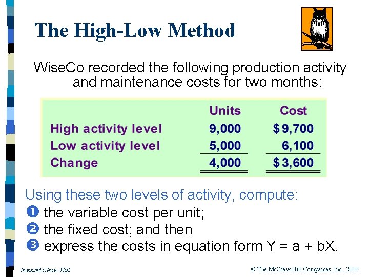 The High-Low Method Wise. Co recorded the following production activity and maintenance costs for