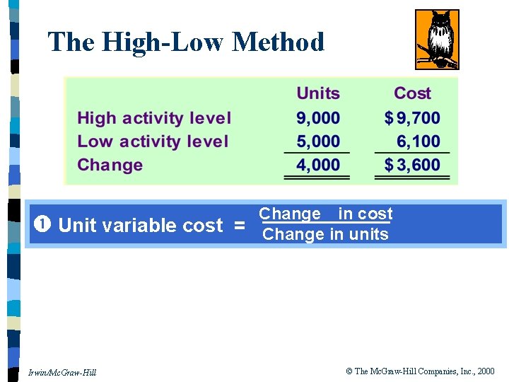 The High-Low Method Change in cost Unit variable cost = Change in units Irwin/Mc.