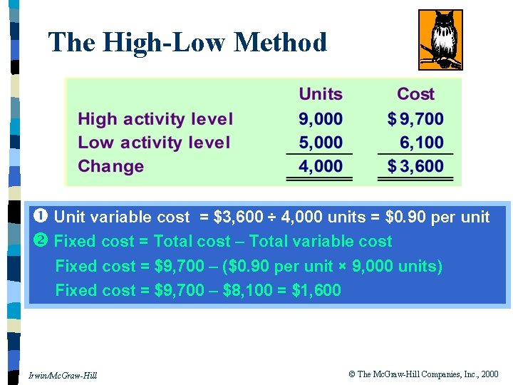 The High-Low Method Unit variable cost = $3, 600 ÷ 4, 000 units =