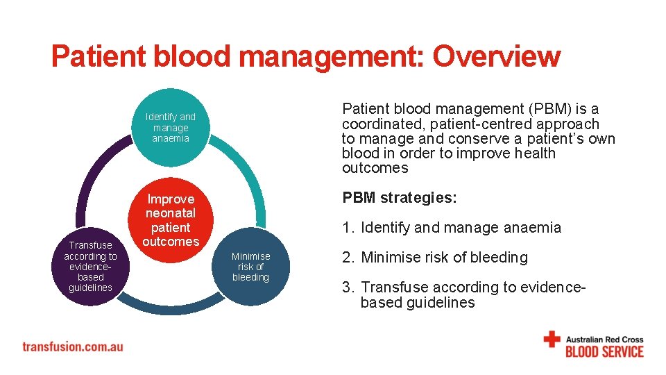 Patient blood management: Overview Patient blood management (PBM) is a coordinated, patient-centred approach to