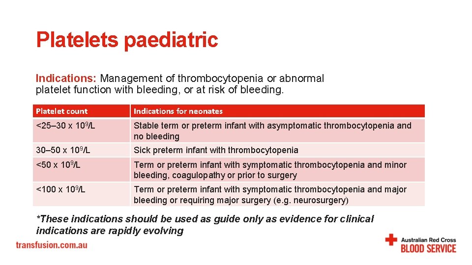 Platelets paediatric Indications: Management of thrombocytopenia or abnormal platelet function with bleeding, or at