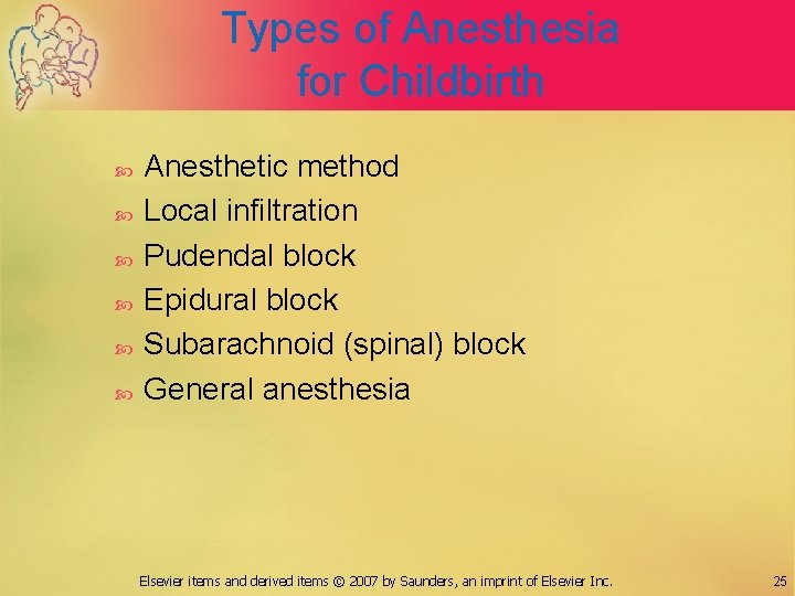 Types of Anesthesia for Childbirth Anesthetic method Local infiltration Pudendal block Epidural block Subarachnoid