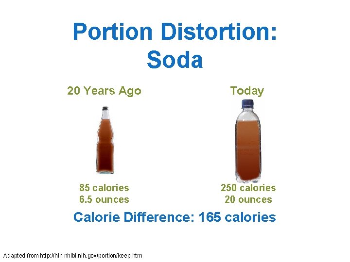 Portion Distortion: Soda 20 Years Ago Today 85 calories 6. 5 ounces 250 calories