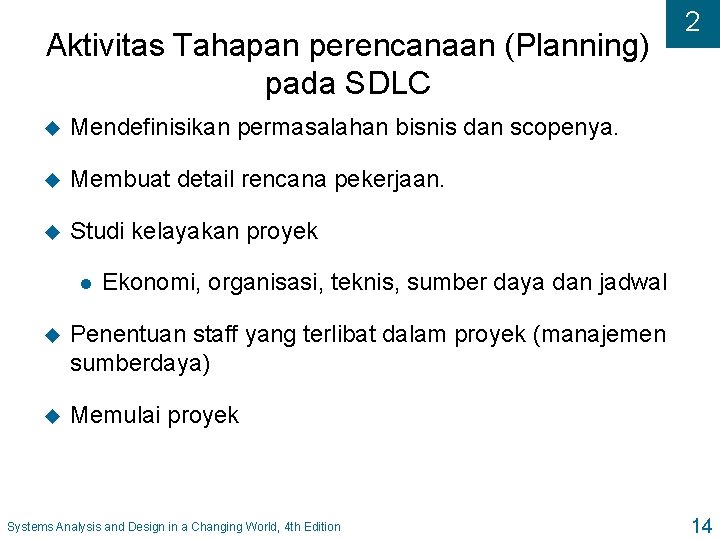 Aktivitas Tahapan perencanaan (Planning) pada SDLC u Mendefinisikan permasalahan bisnis dan scopenya. u Membuat