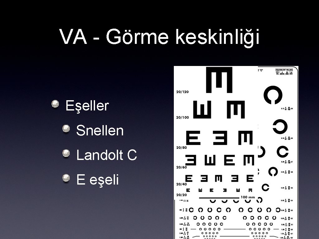 VA - Görme keskinliği Eşeller Snellen Landolt C E eşeli 