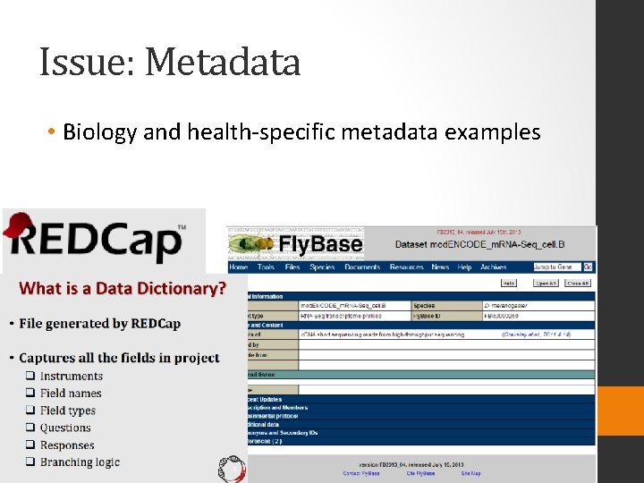 Issue: Metadata • Biology and health-specific metadata examples 