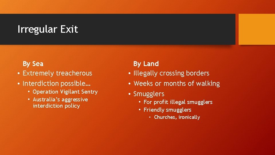 Irregular Exit By Sea • Extremely treacherous • Interdiction possible… • Operation Vigilant Sentry
