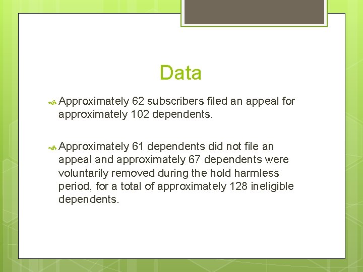 Data Approximately 62 subscribers filed an appeal for approximately 102 dependents. Approximately 61 dependents