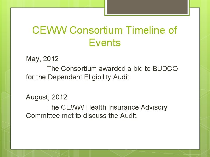 CEWW Consortium Timeline of Events May, 2012 The Consortium awarded a bid to BUDCO