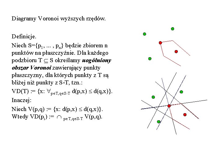 Diagramy Voronoi wyższych rzędów. Definicje. Niech S={p 1, . . . , pn} będzie
