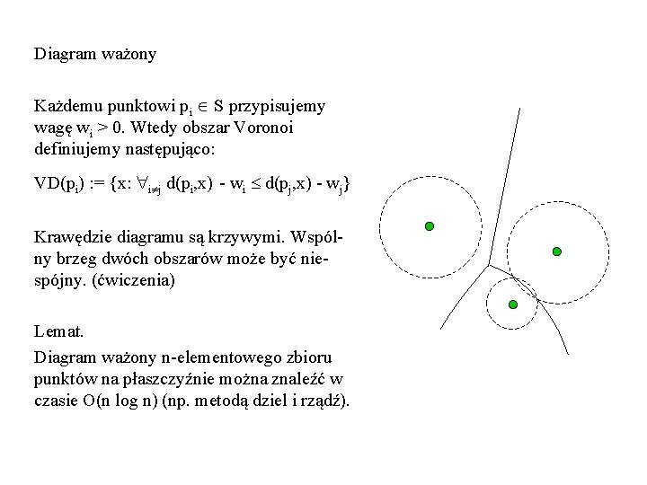 Diagram ważony Każdemu punktowi pi S przypisujemy wagę wi > 0. Wtedy obszar Voronoi