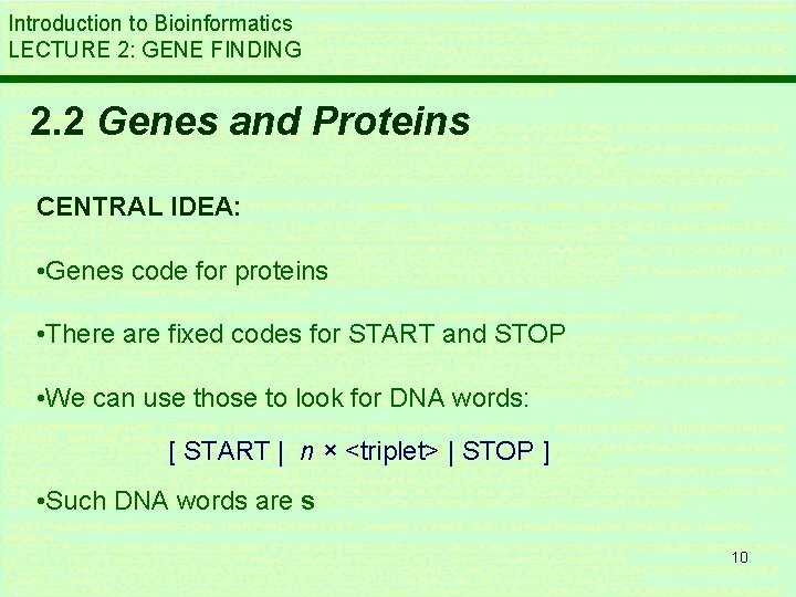 Introduction to Bioinformatics LECTURE 2: GENE FINDING 2. 2 Genes and Proteins CENTRAL IDEA: