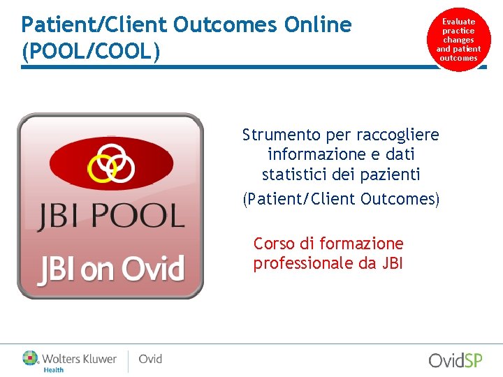 Patient/Client Outcomes Online (POOL/COOL) Evaluate practice changes and patient outcomes Strumento per raccogliere informazione