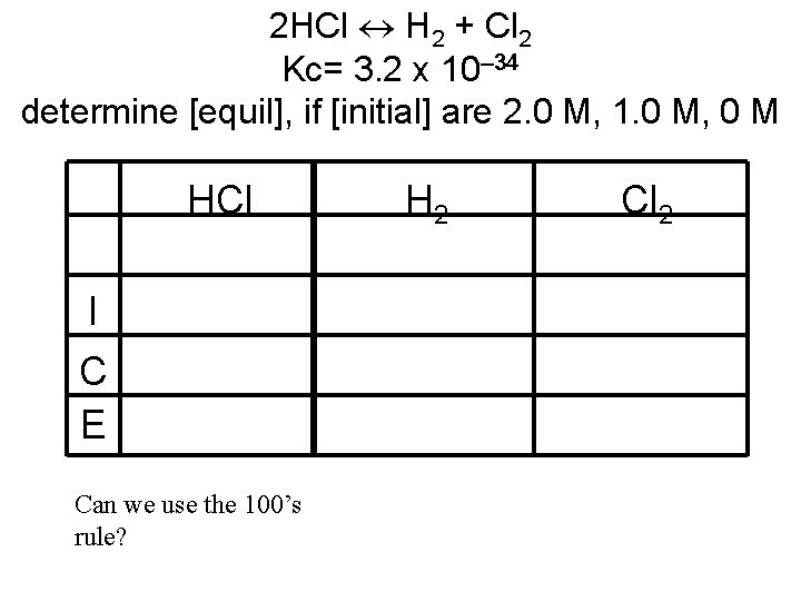 2 HCl H 2 + Cl 2 Kc= 3. 2 x 10– 34 determine