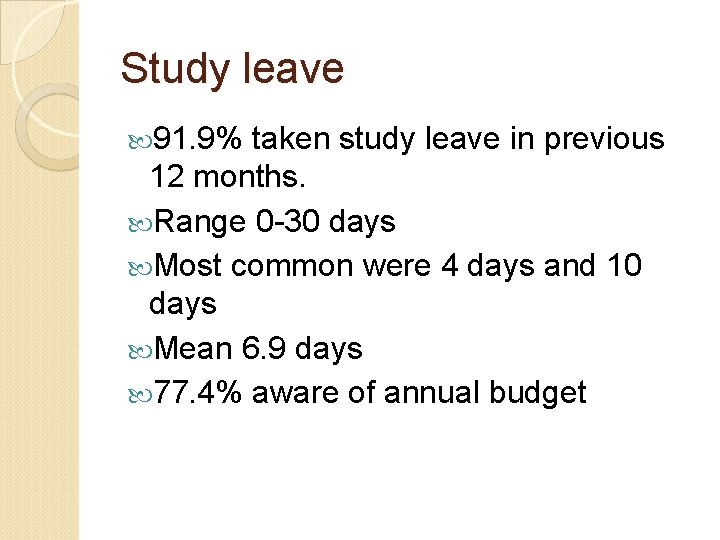 Study leave 91. 9% taken study leave in previous 12 months. Range 0 -30