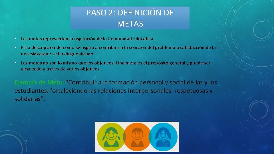 PASO 2: DEFINICIÓN DE METAS • Las metas representan la aspiración de la Comunidad