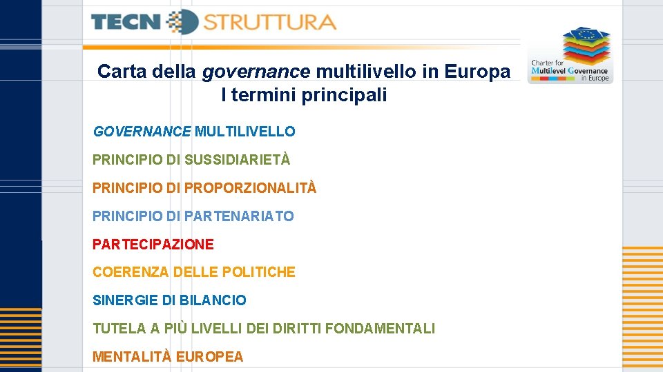 Carta della governance multilivello in Europa I termini principali GOVERNANCE MULTILIVELLO PRINCIPIO DI SUSSIDIARIETÀ