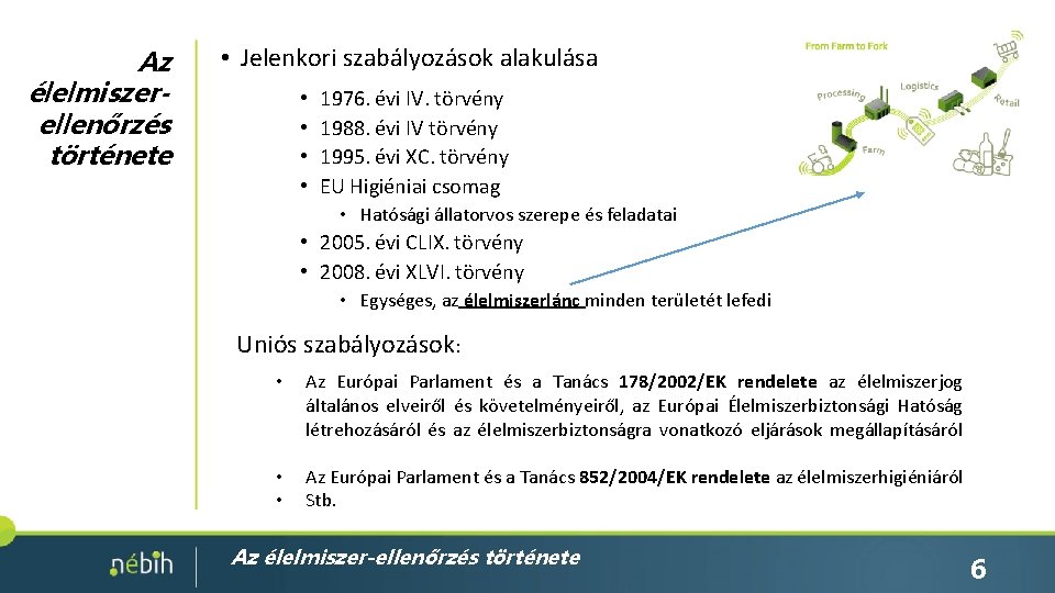 Az élelmiszerellenőrzés története • Jelenkori szabályozások alakulása • • 1976. évi IV. törvény 1988.