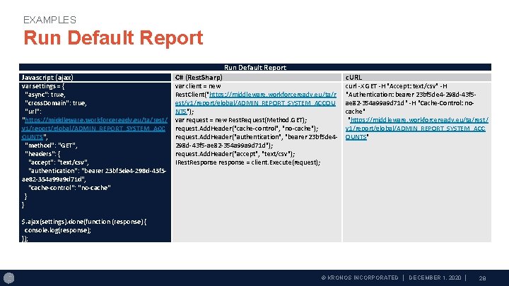 EXAMPLES Run Default Report Javascript (ajax) var settings = { "async": true, "cross. Domain":