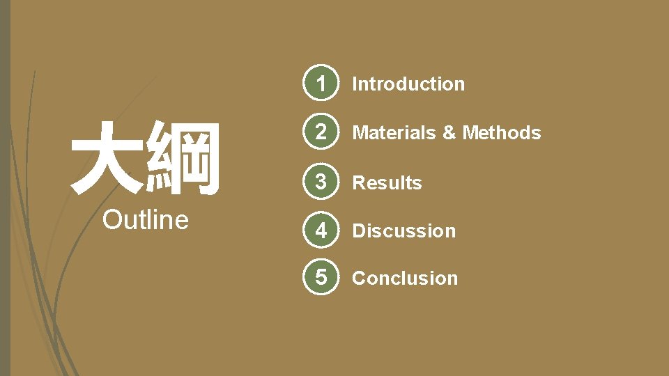 大綱 Outline 1 Introduction 2 Materials & Methods 3 Results 4 Discussion 5 Conclusion