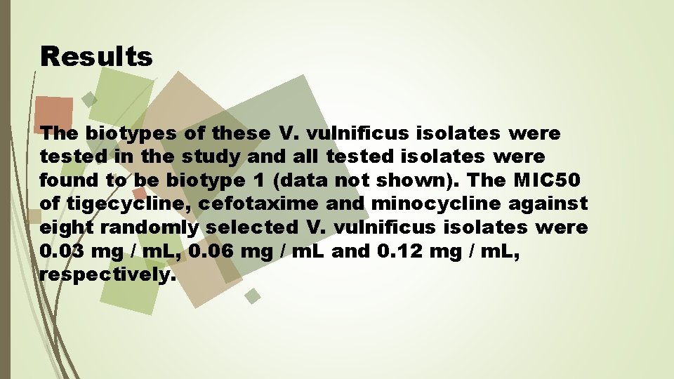 Results The biotypes of these V. vulnificus isolates were tested in the study and