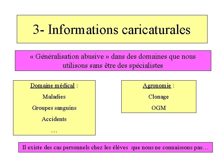 3 - Informations caricaturales « Généralisation abusive » dans des domaines que nous utilisons