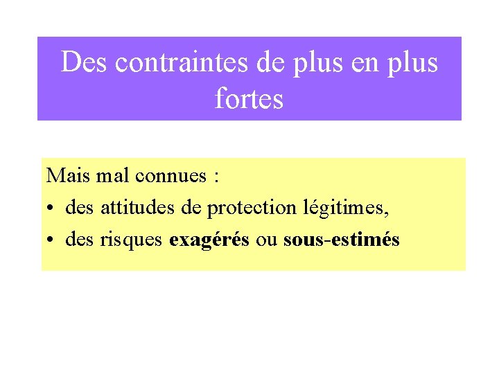 Des contraintes de plus en plus fortes Mais mal connues : • des attitudes