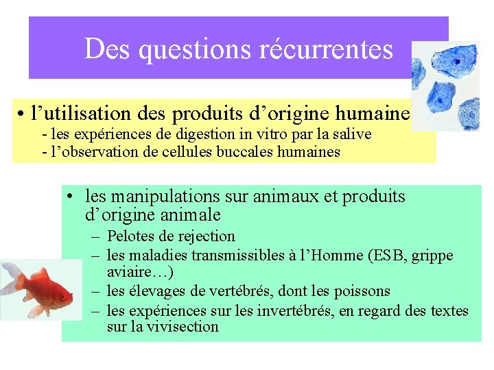 Des questions récurrentes • l’utilisation des produits d’origine humaine - les expériences de digestion