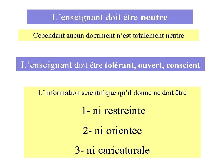 L’enseignant doit être neutre Cependant aucun document n’est totalement neutre L’enseignant doit être tolérant,