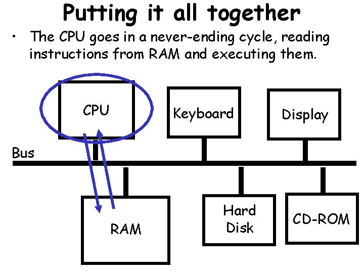 Putting it all together • The CPU goes in a never-ending cycle, reading instructions