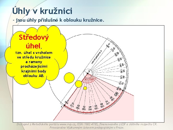 Úhly v kružnici - jsou úhly příslušné k oblouku kružnice. Středový úhel, tzn. úhel