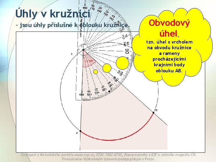 Úhly v kružnici - jsou úhly příslušné k oblouku kružnice. Obvodový úhel, tzn. úhel