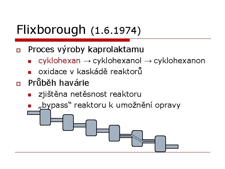 Flixborough o Proces výroby kaprolaktamu n n o (1. 6. 1974) cyklohexan → cyklohexanol