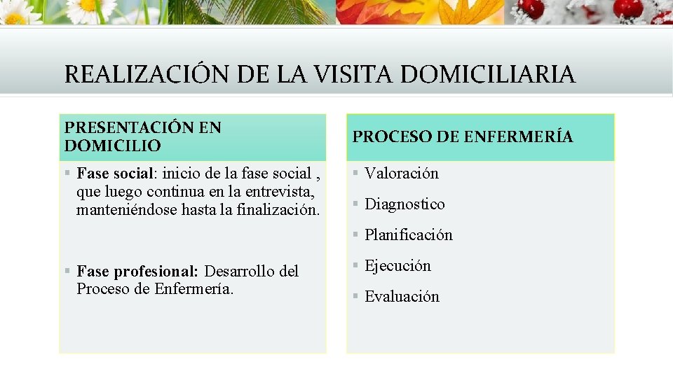 REALIZACIÓN DE LA VISITA DOMICILIARIA PRESENTACIÓN EN DOMICILIO PROCESO DE ENFERMERÍA § Fase social: REALIZACIÓN DE LA VISITA DOMICILIARIA PRESENTACIÓN EN DOMICILIO PROCESO DE ENFERMERÍA § Fase social: