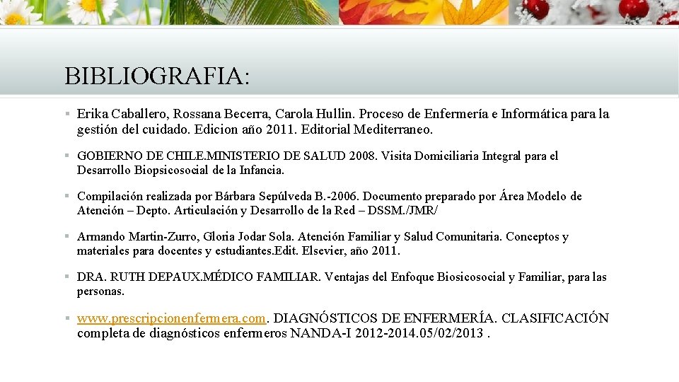 BIBLIOGRAFIA: § Erika Caballero, Rossana Becerra, Carola Hullin. Proceso de Enfermería e Informática para BIBLIOGRAFIA: § Erika Caballero, Rossana Becerra, Carola Hullin. Proceso de Enfermería e Informática para