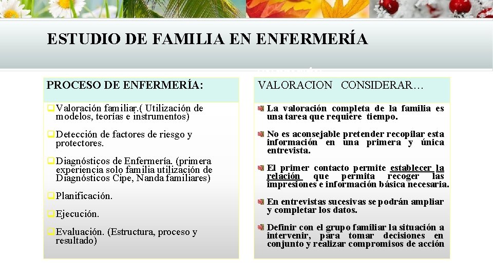 ESTUDIO DE FAMILIA EN ENFERMERÍA PROCESO DE ENFERMERÍA: VALORACIÓN: VALORACION CONSIDERAR… q Valoración familiar. ESTUDIO DE FAMILIA EN ENFERMERÍA PROCESO DE ENFERMERÍA: VALORACIÓN: VALORACION CONSIDERAR… q Valoración familiar.