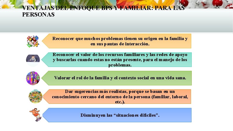 VENTAJAS DEL ENFOQUE BPS Y FAMILIAR: PARA LAS PERSONAS Reconocer que muchos problemas tienen VENTAJAS DEL ENFOQUE BPS Y FAMILIAR: PARA LAS PERSONAS Reconocer que muchos problemas tienen