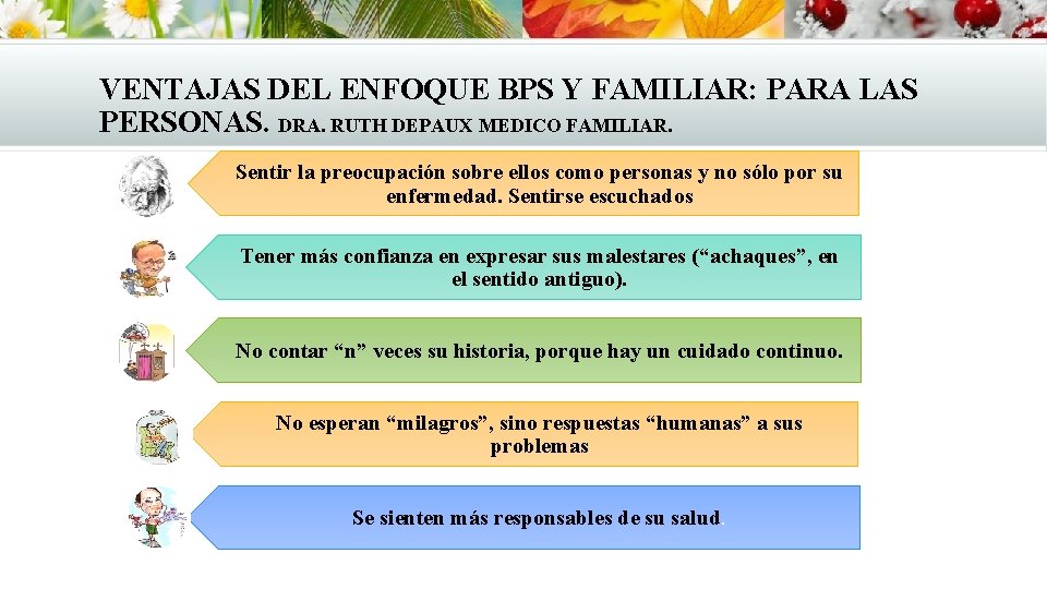 VENTAJAS DEL ENFOQUE BPS Y FAMILIAR: PARA LAS PERSONAS. DRA. RUTH DEPAUX MEDICO FAMILIAR. VENTAJAS DEL ENFOQUE BPS Y FAMILIAR: PARA LAS PERSONAS. DRA. RUTH DEPAUX MEDICO FAMILIAR.