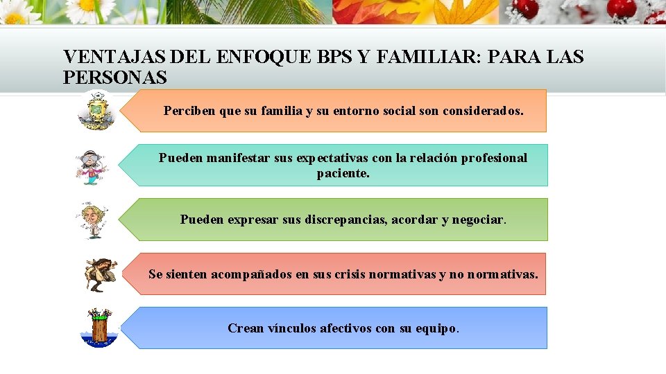 VENTAJAS DEL ENFOQUE BPS Y FAMILIAR: PARA LAS PERSONAS Perciben que su familia y VENTAJAS DEL ENFOQUE BPS Y FAMILIAR: PARA LAS PERSONAS Perciben que su familia y
