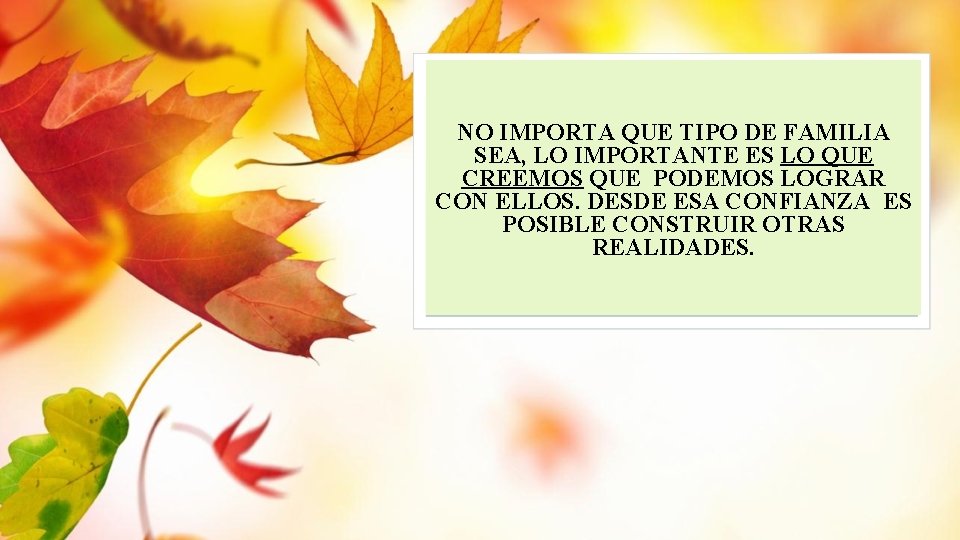 NO IMPORTA QUE TIPO DE FAMILIA SEA, LO IMPORTANTE ES LO QUE CREEMOS QUE NO IMPORTA QUE TIPO DE FAMILIA SEA, LO IMPORTANTE ES LO QUE CREEMOS QUE