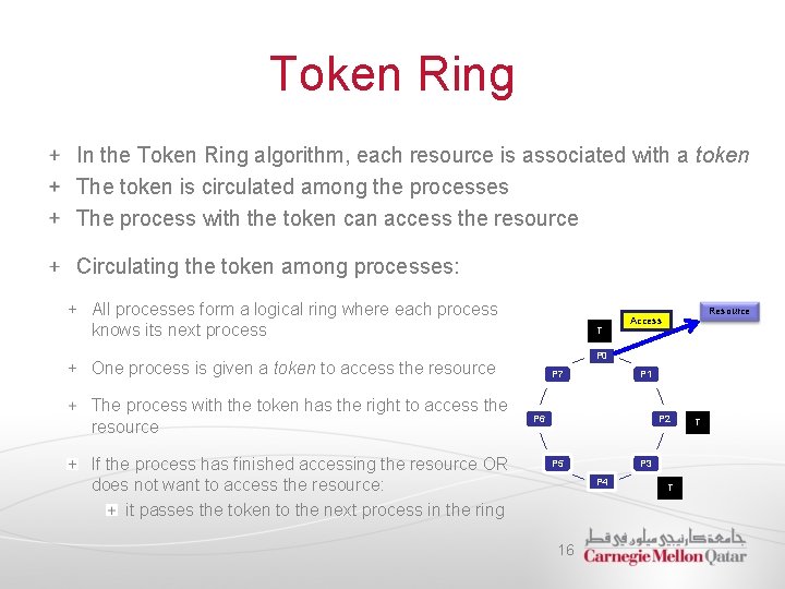 Token Ring In the Token Ring algorithm, each resource is associated with a token