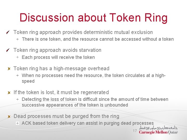 Discussion about Token Ring Token ring approach provides deterministic mutual exclusion There is one
