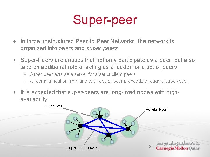 Super-peer In large unstructured Peer-to-Peer Networks, the network is organized into peers and super-peers