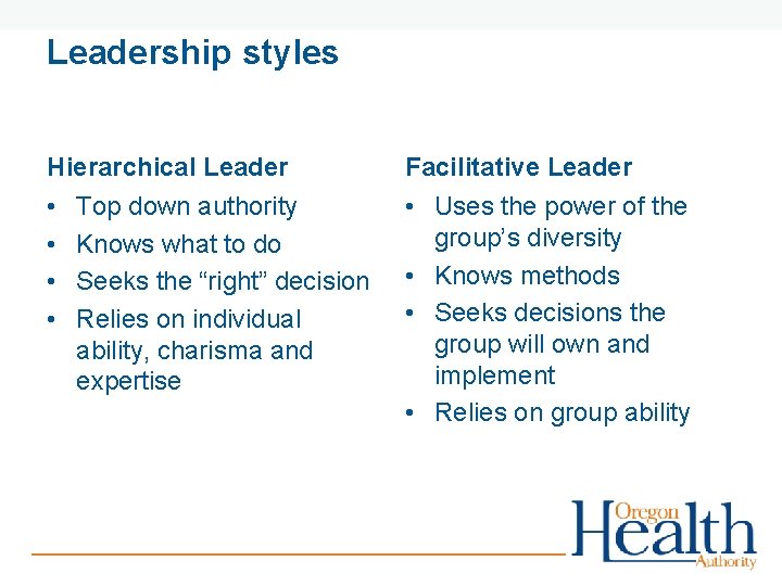Leadership styles Hierarchical Leader Facilitative Leader • • • Uses the power of the