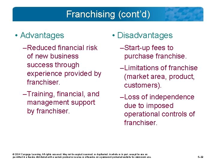 Franchising (cont’d) • Advantages • Disadvantages – Reduced financial risk of new business success