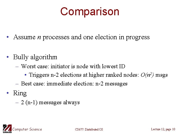 Comparison • Assume n processes and one election in progress • Bully algorithm –